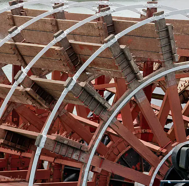 Detail of wood and metal paddlewheel on sternwheeler