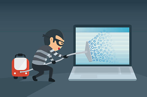 Hacking data for computer with vacuum. bandit robbery password and data for computer with vacuum. Concept hacking computer  cartoon burglar stock illustrations