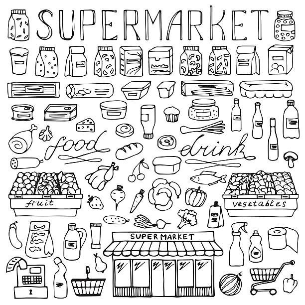 illustrations, cliparts, dessins animés et icônes de supermarché dessinés à la main doodle set - caisse illustrations