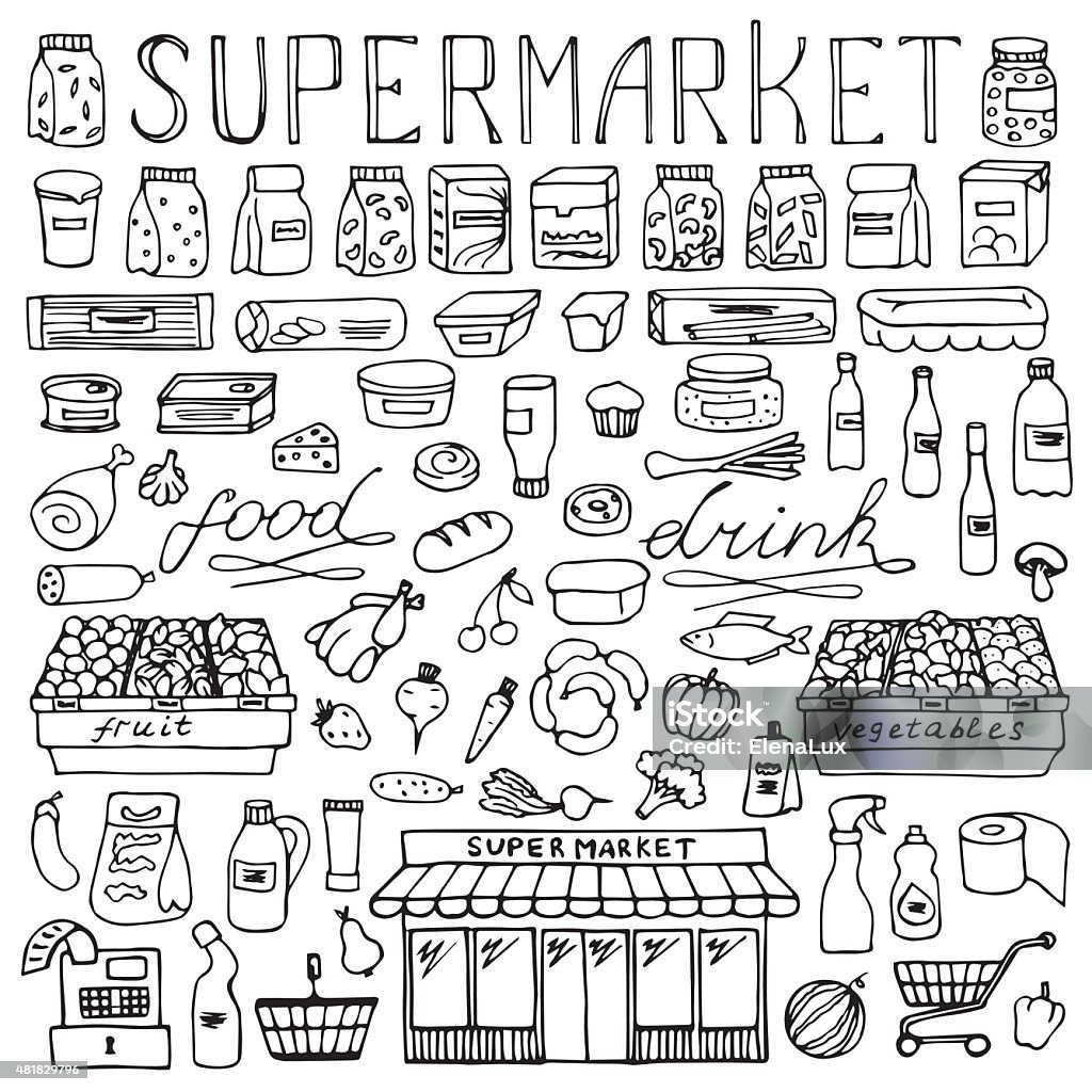 Supermarket hand drawn doodle set Vector illustration for backgrounds, web design, design elements, textile prints, covers  Supermarket stock vector