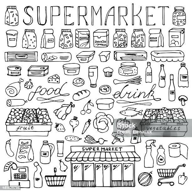 Supermarket Hand Drawn Doodle Set Stock Illustration - Download Image Now - Supermarket, Drawing - Activity, Cash Register