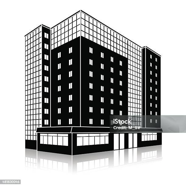 Silhouette Office Building With An Entrance And Reflection Stock Illustration - Download Image Now