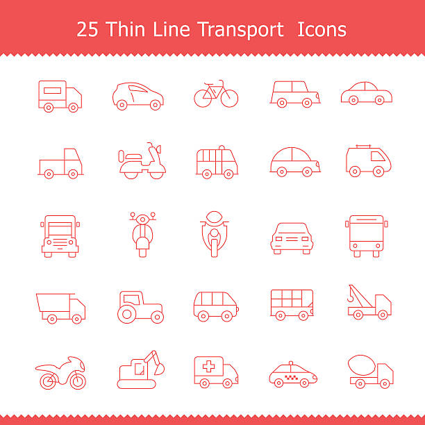 транспорт иконки, тонкие линии границы - silhouette bus symbol motor scooter stock illustrations