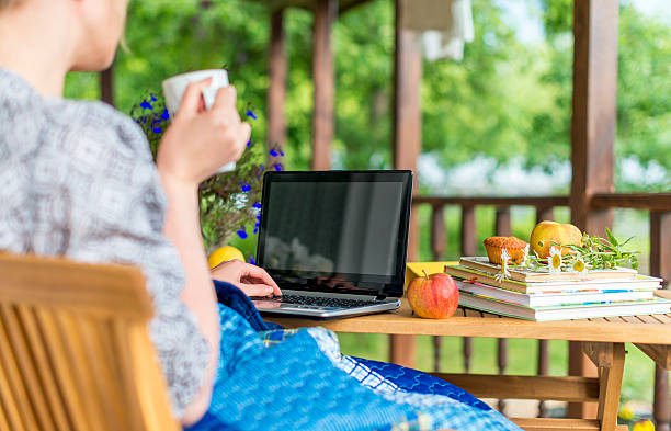 istock Woman with laptop and cup. Vacations concept. 481833376
