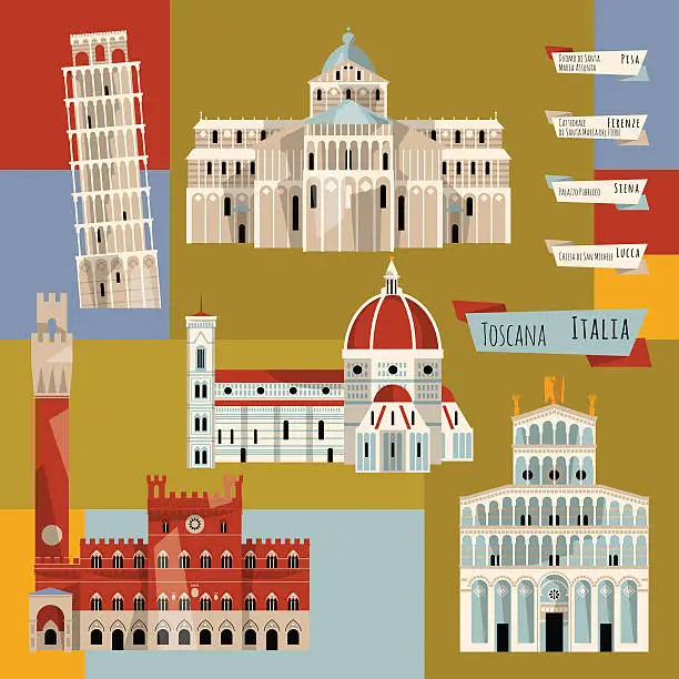Vector illustration of Sights of Tuscany. Florence, Lucca, Pisa, Siena, Italy, Europe.