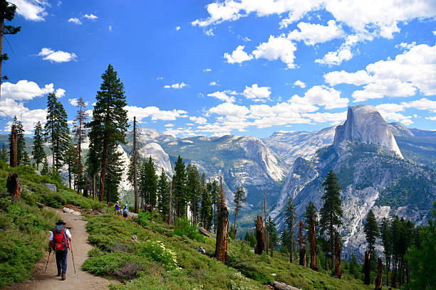 hikers la gente de senderismo en yosemite national park a día soleado - condado de mariposa fotografías e imágenes de stock