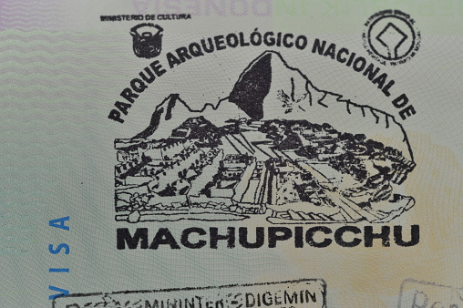 Machu Picchu Peru visa stamp on a passport page.