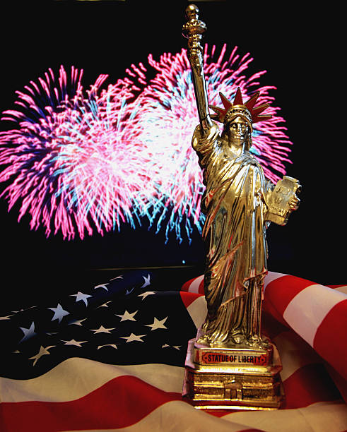 US flag Statue of Liberty Fireworks