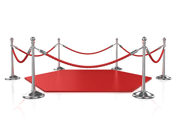 istock Red hexagon carpet surrounded with red rope and silver column 481842072