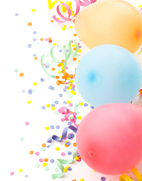 istock Birthday arrangement. Balloons and confetti isolated on white. 481847404