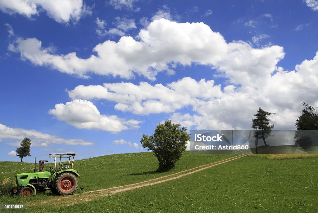 The old tractor an old tractor in a Bavarian summer scenery Agricultural Field Stock Photo