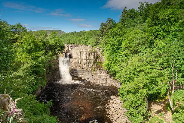 High Force Waterfall on a sunny day viewed from the south bank of the River Tees on the Pennine Way in woodland