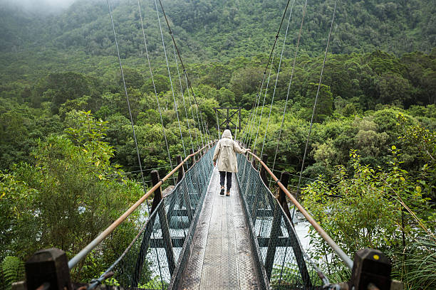 istock Woman in Raincoat walking on Suspended bridge 481856464