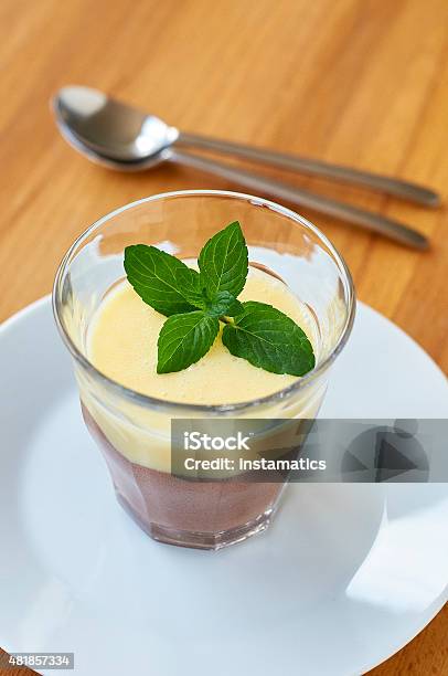Vanilla Chocolate Dessert With Mint Decoration Stock Photo - Download Image Now - 2015, Close-up, Cold Temperature