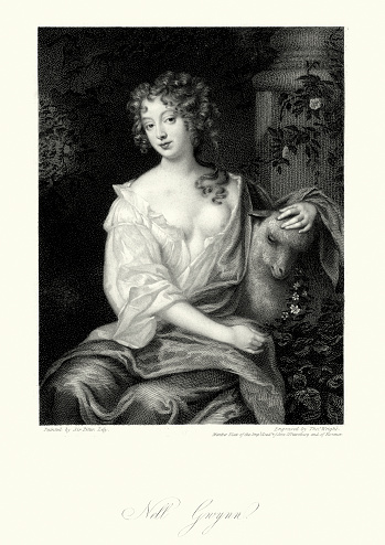 Vintage engraving of Nell Gwyn (2 February 1650 to 14 November 1687  also spelled Gwynn, Gwynne) was a long-time mistress of King Charles II of England and Scotland. Called pretty, witty Nell by Samuel Pepys, she has been regarded as a living embodiment of the spirit of Restoration England.
