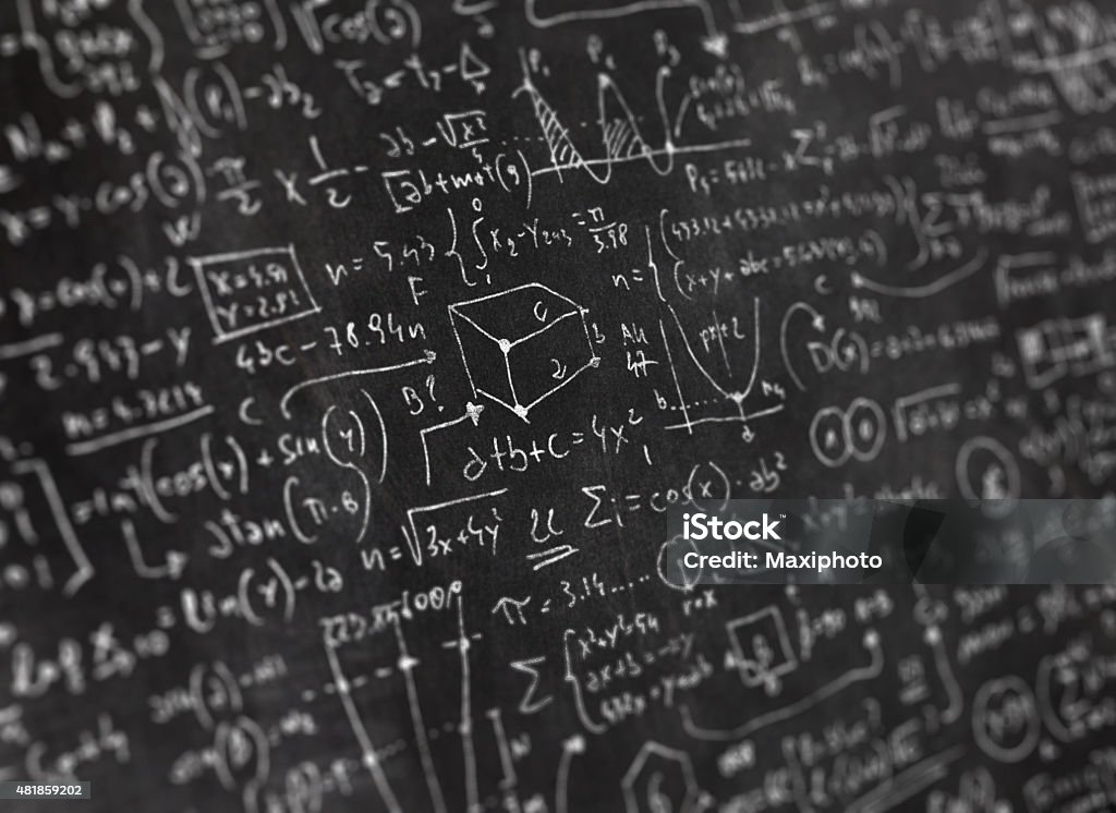 Detail of complex scientific formulas and math symbols on blackboard Complex scientific formulas and mathematical symbols, full of algebric data, drawings, diagrams, geometric shapes, variables and equations hand written on a blackboard with white chalk. Close-up with selective focus. Teaching stock illustration