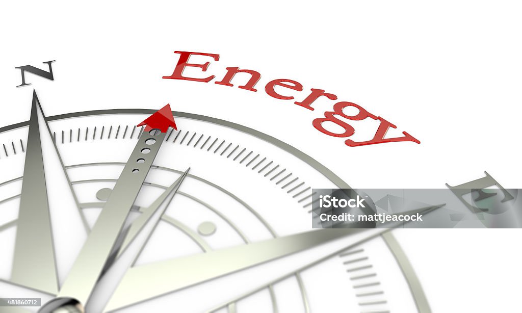Energy compass direction Realistic 3D render of a silver metal compass. The compass is on a plain white background and the compass needle has a red tip which points to the word Energy Fuel and Power Generation Stock Photo