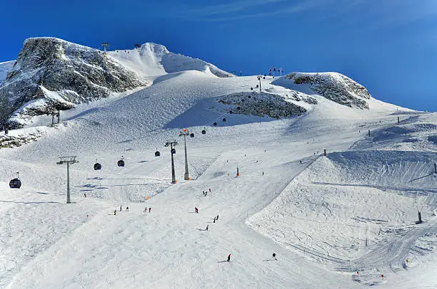 Hintertux Glacier with gondolas, ski runs and skiers in Ziilertal Alps in Austria