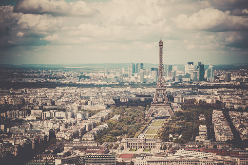 City of Paris on Summer Day, France. Retro filter and grain added in post process.