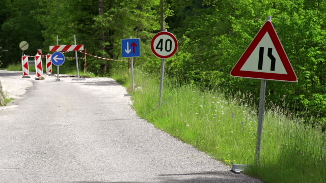 Road signs alerting of road work ahead