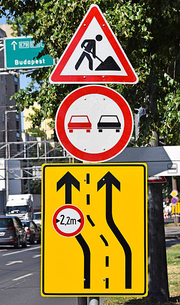 istock Road works and no overtaking traffic signs 481870388