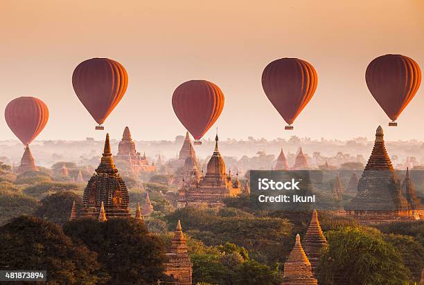 Balloon Over Plain Of Bagan In Misty Morning Myanmar Stock Photo - Download Image Now