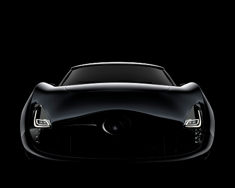 Front view of black sports car isolated on black background. 3D rendering image in original design.