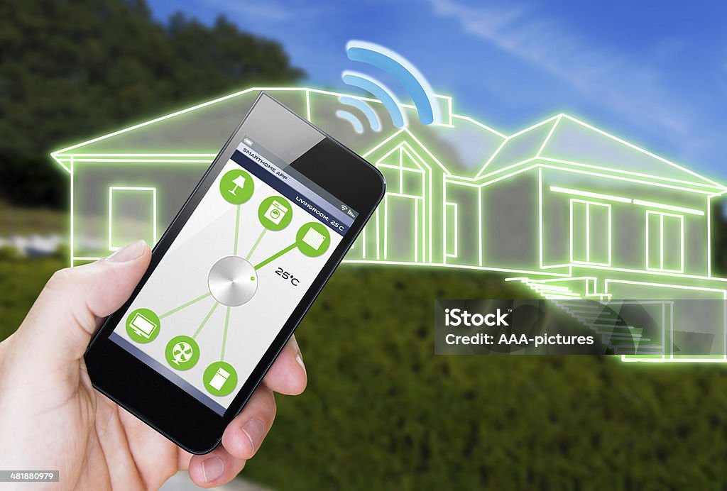 Smart Home Device - Home Control smart house device illustration with app icons Technology Stock Photo