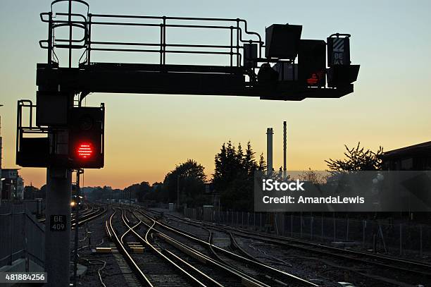 Railway Signal At Sunset Stock Photo - Download Image Now - Railway Signal, Railroad Track, The End
