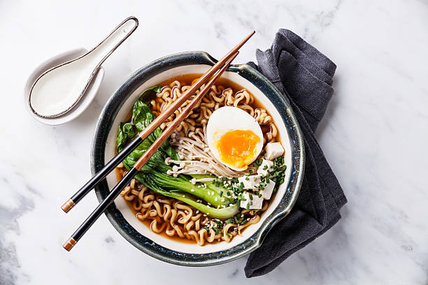Miso Ramen Asian noodles with egg, enoki and pak choi