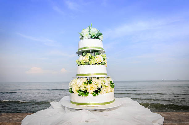 istock White and roses wedding cake by the beach 481885279