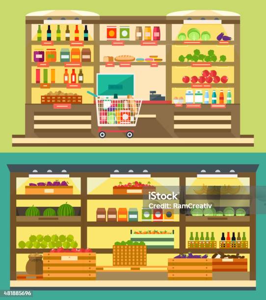 Grocery Store Supermarket Shelves With Food And Drink Stock Illustration - Download Image Now