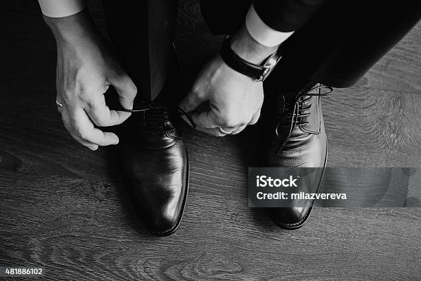 Business Man Dressing Up With Classic Elegant Shoes Groom Wearing Stock Photo - Download Image Now