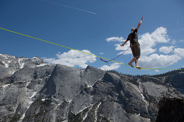 Slackliner Walking Yosemite Highline stock photo