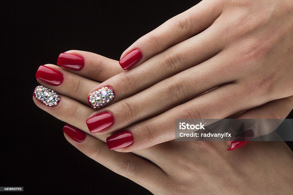 Red Nails With Crystals And Hands Black Background Stock Photo - Download  Image Now - Adult, Art, Art And Craft - iStock