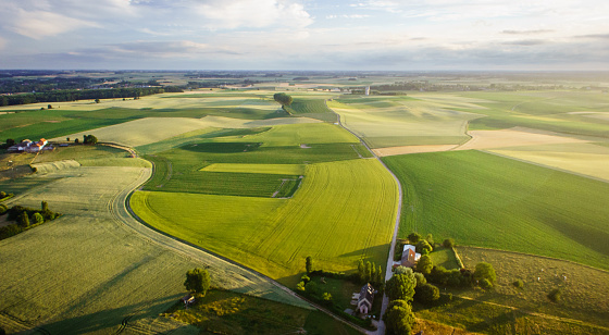 Picture of a countryside landscape, showing cultivated land and fields, with farmhouses in the back. Picture taken from the air with a drone, at sunset, giving a warm and low light with high color contrasts and shadows in the fields.