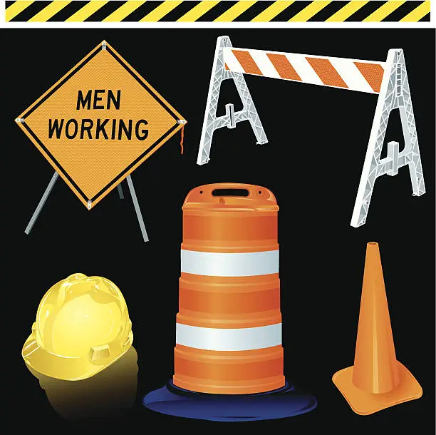 Vector illustration of Road Work Equipment - Hardhat, Information Sign, Barrier