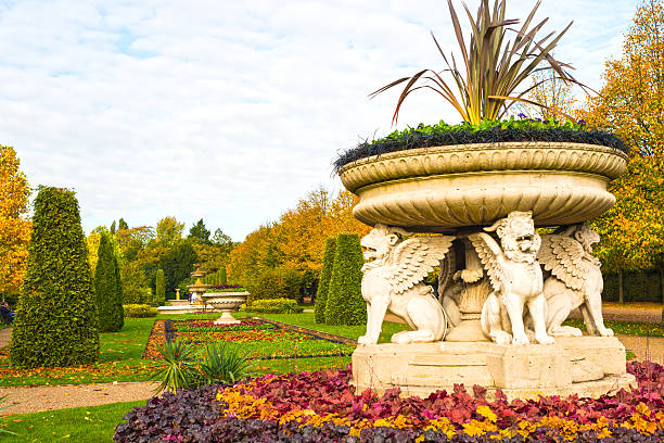 Flowers and sculptures in Regents park in London, which is the most beautiful park in England