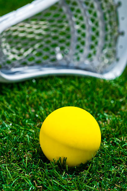 istock Yellow ball and white Lacrosse stick on artificial turf 481903066