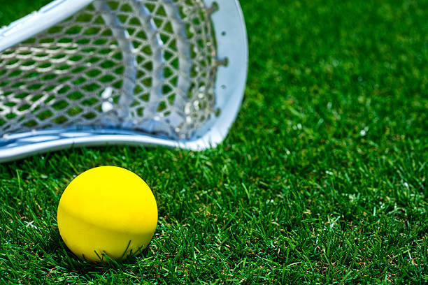 istock Yellow ball and white Lacrosse stick on artificial turf 481903068