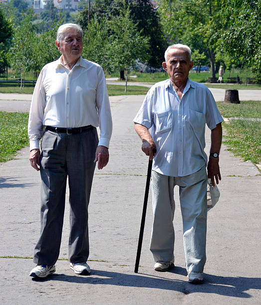 istock Two old gentleman strolling in the park 481904516