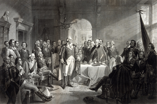 This vintage image shows George Washington and his generals. 