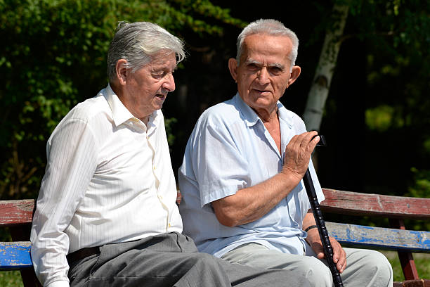 istock Two old gentlemen talking in the park 481905512