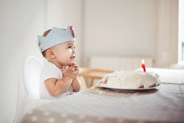 one year old boy celebrating brithday - eerste verjaardag stockfoto's en -beelden