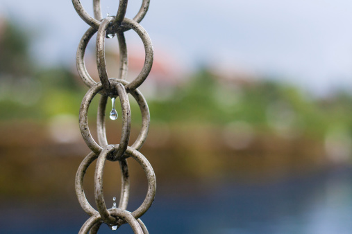 Rainwater dripping down a rain chain