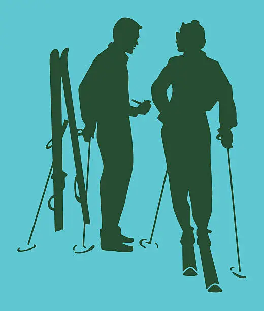 Vector illustration of Silhouette of Man and Women Skiing
