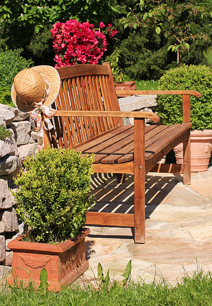istock Wooden seat bench in the garden 481907189