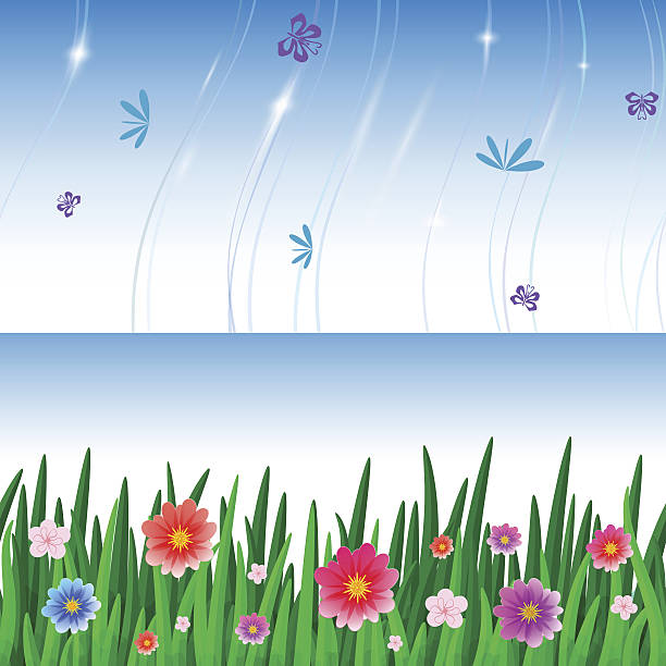 ilustrações de stock, clip art, desenhos animados e ícones de banners com a repetição de um padrão de mosaico de grama e o céu - butterfly single flower vector illustration and painting