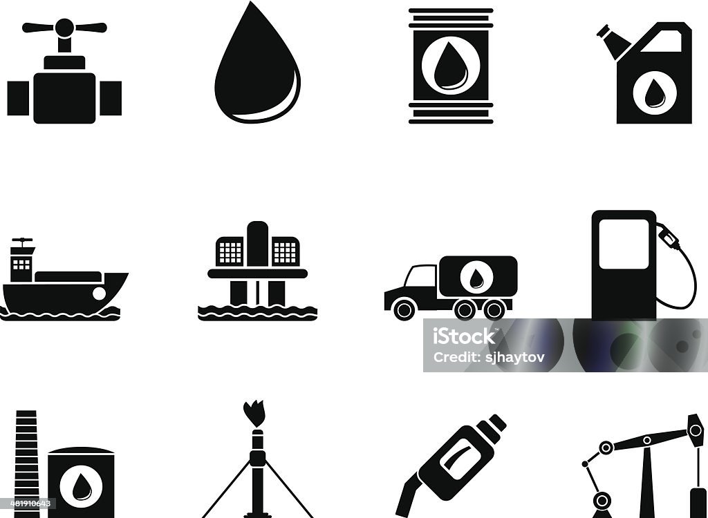 Sylwetka obiektów przemysłu ropy naftowej i benzyny ikony - Grafika wektorowa royalty-free (Baryłka)
