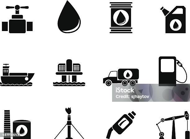 Sylwetka Obiektów Przemysłu Ropy Naftowej I Benzyny Ikony - Stockowe grafiki wektorowe i więcej obrazów Baryłka